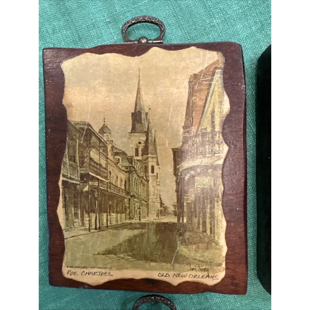 Set Of 4 Old New Orleans wooden plaque decoupage Signed 5
